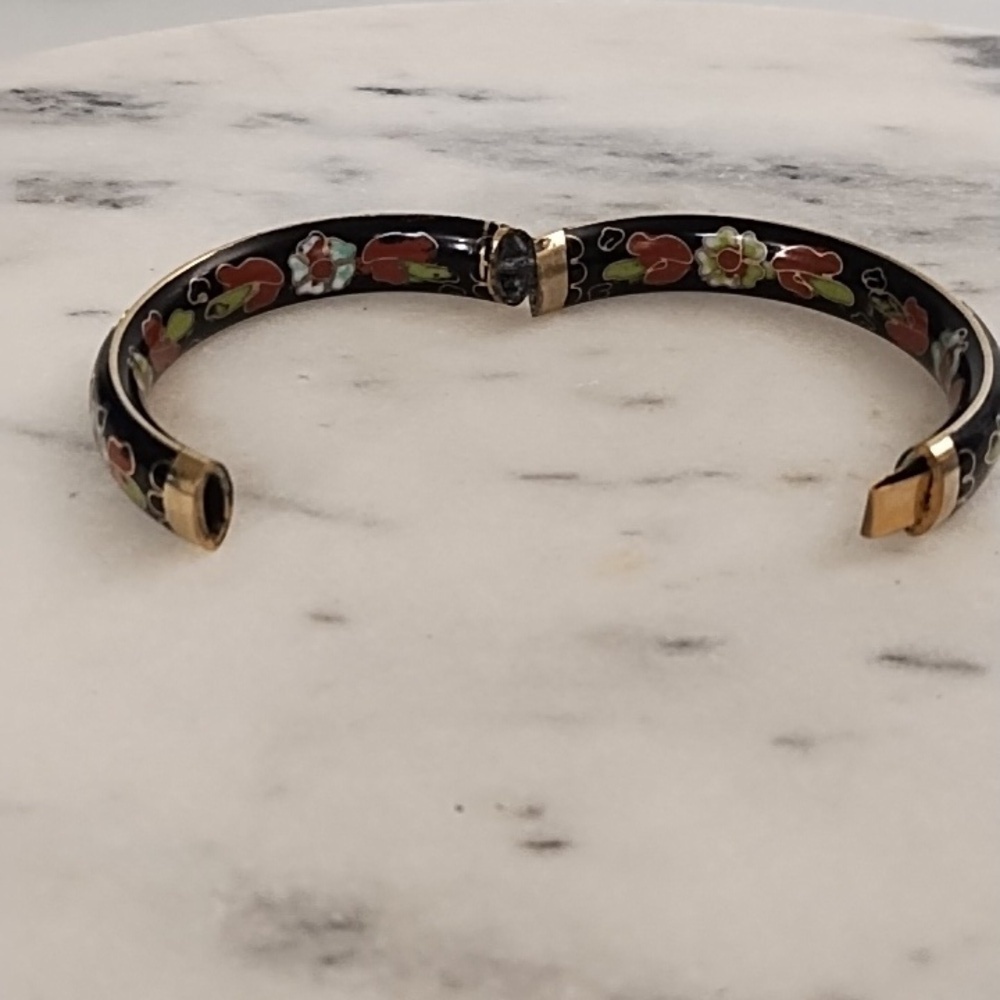 Vintage Cloisonne Hinged Bracelet with Enamel On Outside & Inside Collectible - Picture 2 of 10